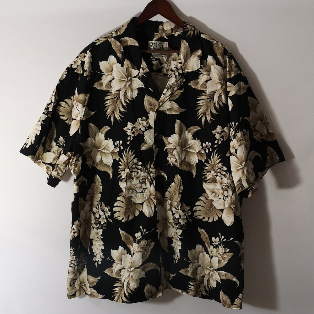 Authentic Ky's Made in Hawaii Mens Button Short Sleeve Taupe Flower on Black 3XL